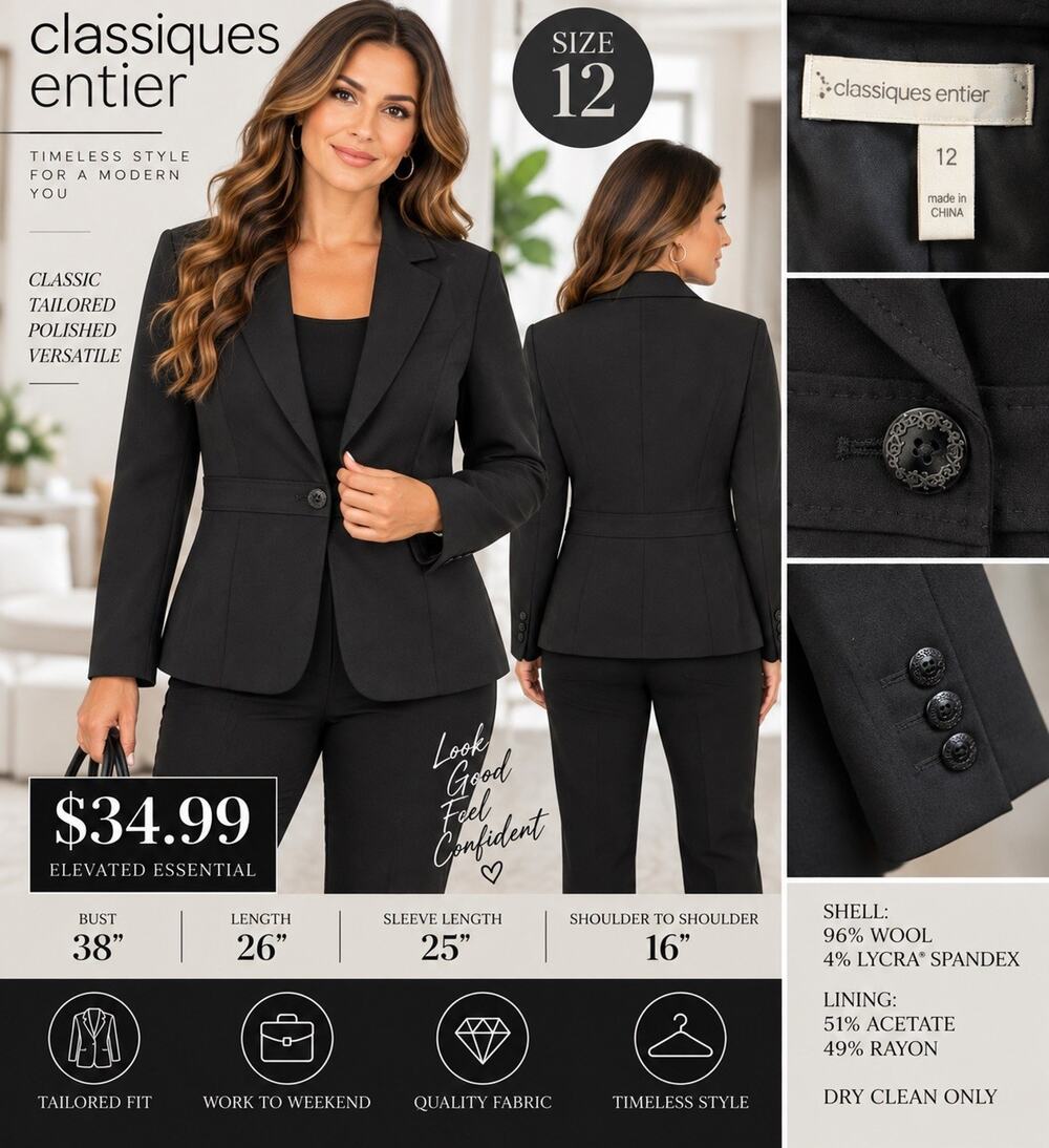 Classiques Entier Blazer Women’s 12 Black Wool Blend Tailored Career Jacket